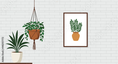 Modern loft interior with hanging plants and framed artwork in neutral colors and copy space