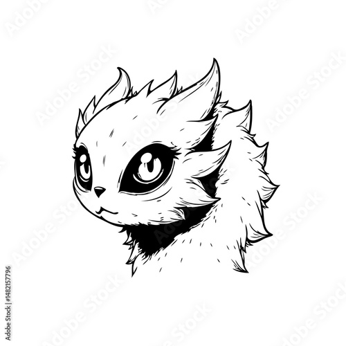 Whimsical Feline Portrait: A Black and White Line Art Illustration of a Curious Cat