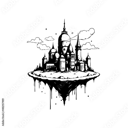 Fantasy floating citadel ink drawing, ethereal castle in the sky illustration