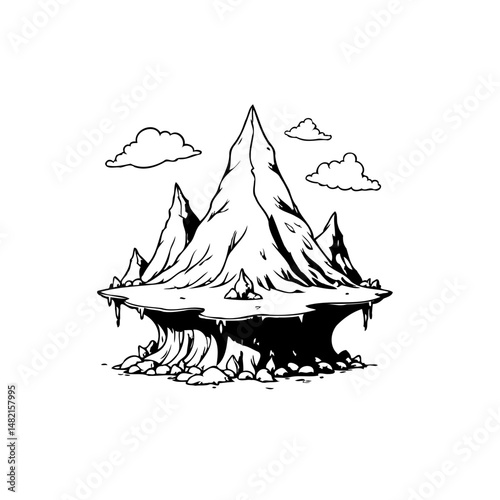 Monochrome fantasy floating island illustration with jagged peaks and clouds