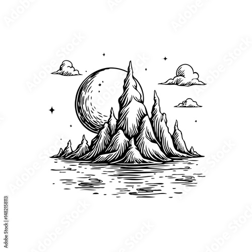 Serene monochromatic mountain landscape with celestial sphere and ripple waters