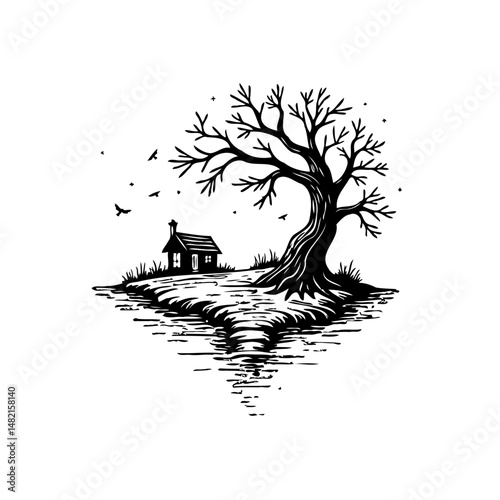 Monochromatic scene featuring a solitary house beneath a spreading leafless tree