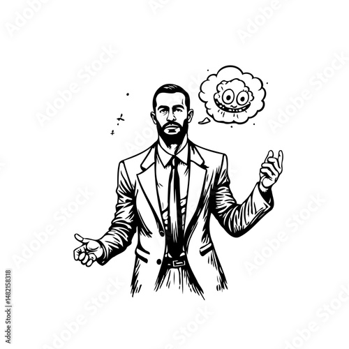 Monochrome drawing of a businessman contemplating comical monster cloud