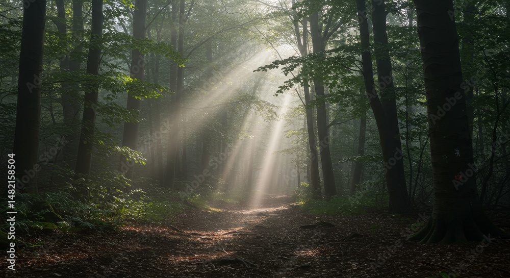 Fototapeta premium Photo Sunbeams Illuminate Misty Forest Path