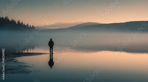 Solitary man reflecting by misty lake at dawn. Peaceful nature scene for Veterans Day, Memorial Day, or PTSD awareness. Contemplation and healing concept.