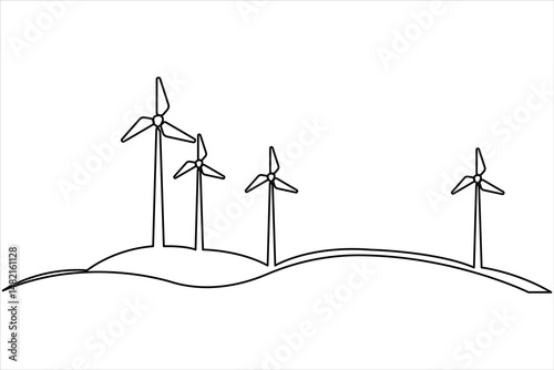 Wind energy in continuous one line art drawing hilly landscape with wind turbines producing electricity. Renewable source of power single line vector illustration