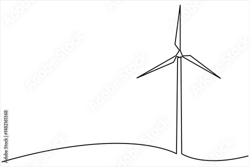 Wind energy in continuous one line art drawing hilly landscape with wind turbines producing electricity. Renewable source of power single line vector illustration