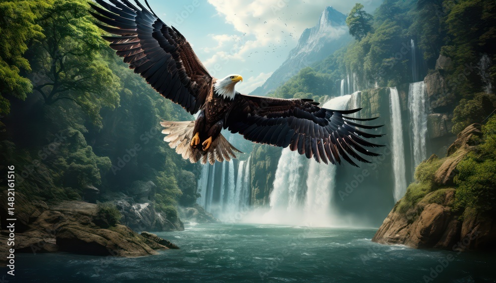 Fototapeta premium Eagle flying freely above the sky, with a stunning mountain and waterfall backdrop at sunset view
