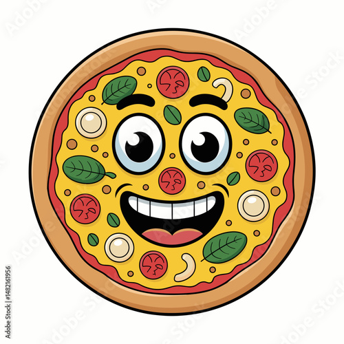 Smiling Cartoon Pizza Face with Toppings and Big Eyes
