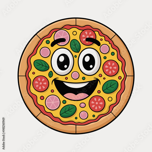 Smiling Cartoon Pizza Face with Toppings and Big Eyes