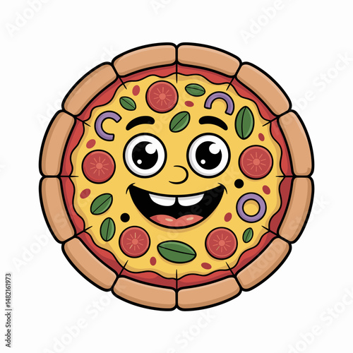 Smiling Cartoon Pizza Face with Toppings and Big Eyes