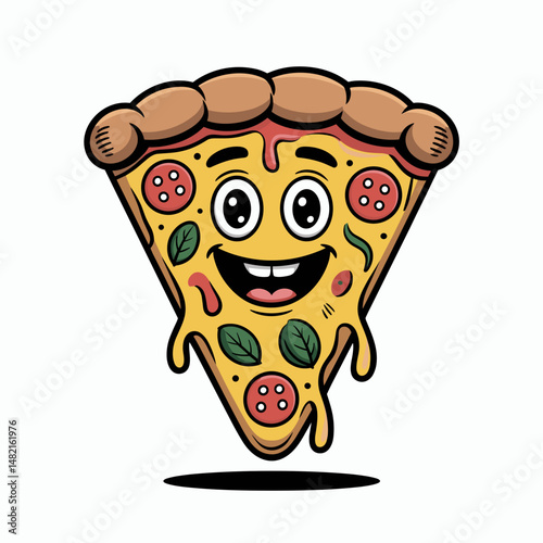 Smiling Cartoon Pizza Face with Toppings and Big Eyes