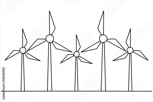  Wind energy in continuous one line art drawing hilly landscape with wind turbines producing electricity. Renewable source of power single line vector illustration