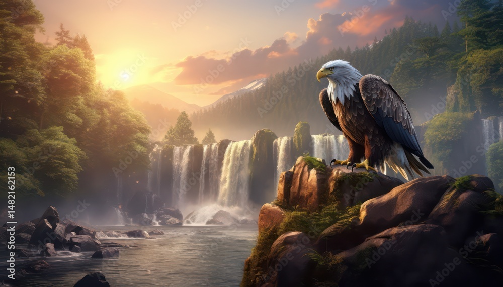 Fototapeta premium Eagle flying freely above the sky, with a stunning mountain and waterfall backdrop at sunset view