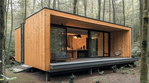 A modern wooden house in a forest. - 