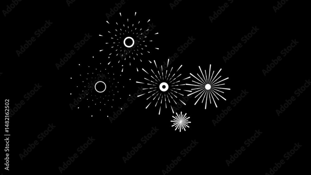 Stunning animated fireworks explosion featuring elegant line bursts and radiant circle patterns on a deep black background. Ideal for celebration videos, party visuals, and festive intros.