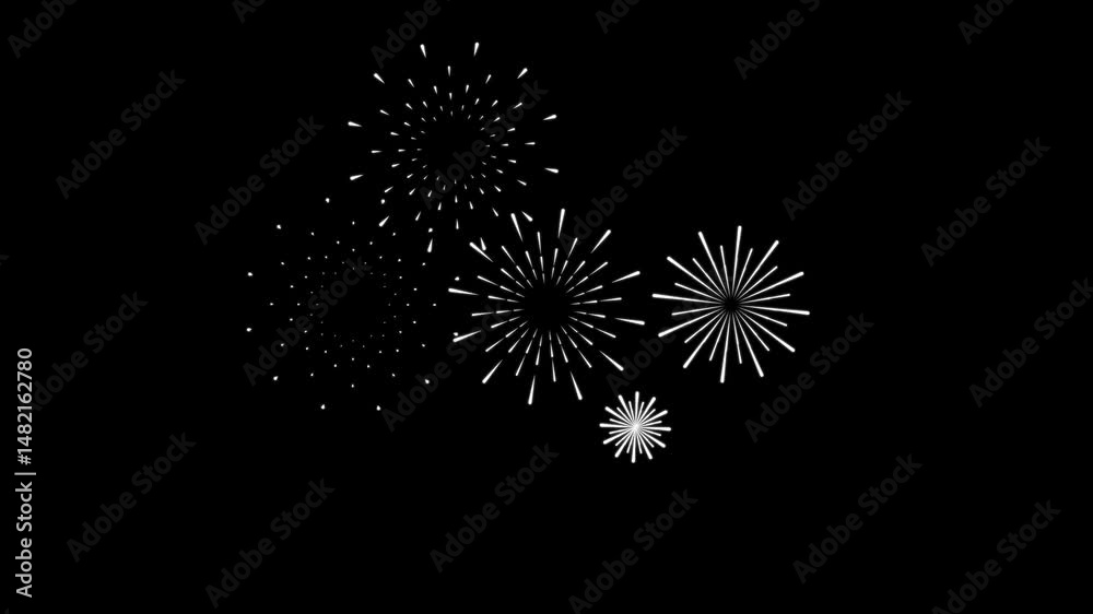Stylish and smooth fireworks animation with radiant lines and circular bursts glowing over a black background. Ideal for cinematic intros, video titles, and event celebration animations.