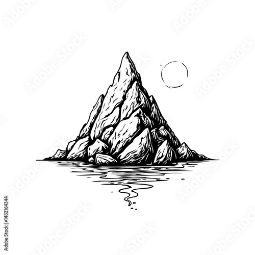 Majestic mountain peak reflected in still waters under the faint moonlight aura