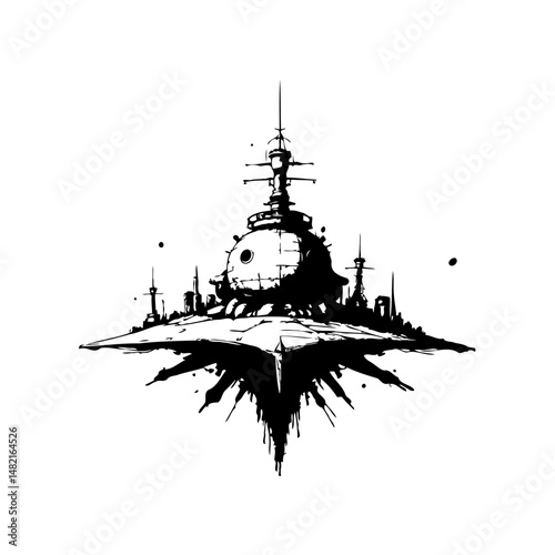 Stylized monochromatic vector illustration of futuristic floating citadel concept