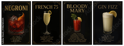 Negroni, French 75, Bloody Mary, and Gin Fizz cocktails with ingredients on vintage black background. Studio cocktail poster with elegant golden typography and recipe. Moody dark chic luxury style