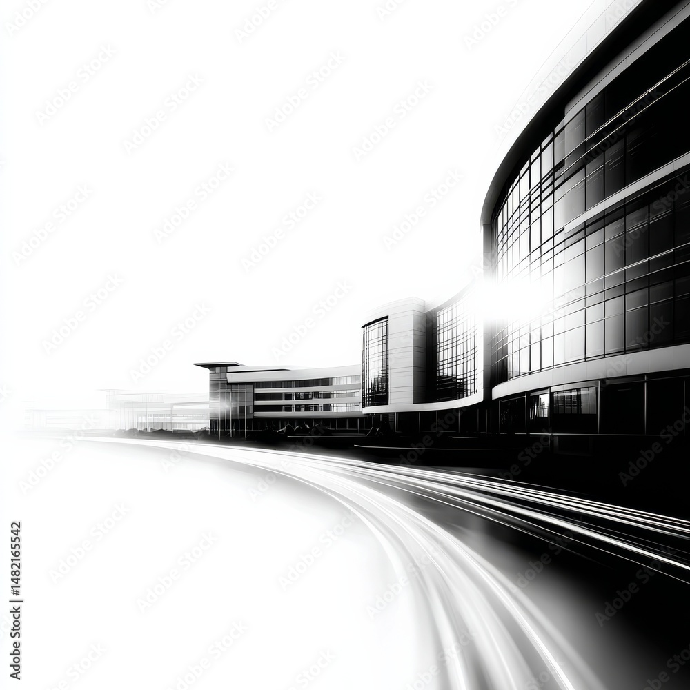 Obraz premium Modern Architectural Marvel: Sleek Office Building with Light Streaks, a Vision of Speed and Innovation