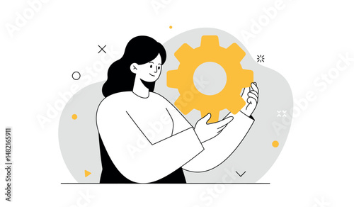 Business management concept with smiling woman holding yellow gear for teamwork and innovation design