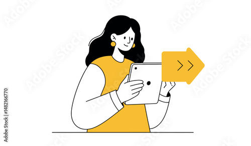 Woman with tablet and arrow navigating digital content