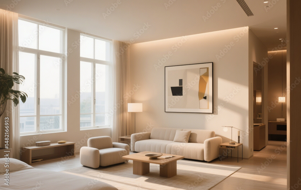 Fototapeta premium Modern hotel interior with large windows, and soft lighting.