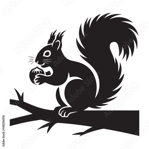 squirrel with bushy tail holding a nut Vector black silhouette. with white background
