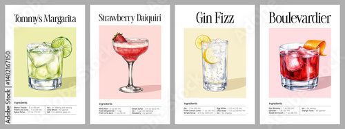 Set of four watercolor cocktail illustrations recipe poster: Tommy’s Margarita with lime garnish, Strawberry Daiquiri, Gin Fizz with lemon slice and bubbles, Boulevardier