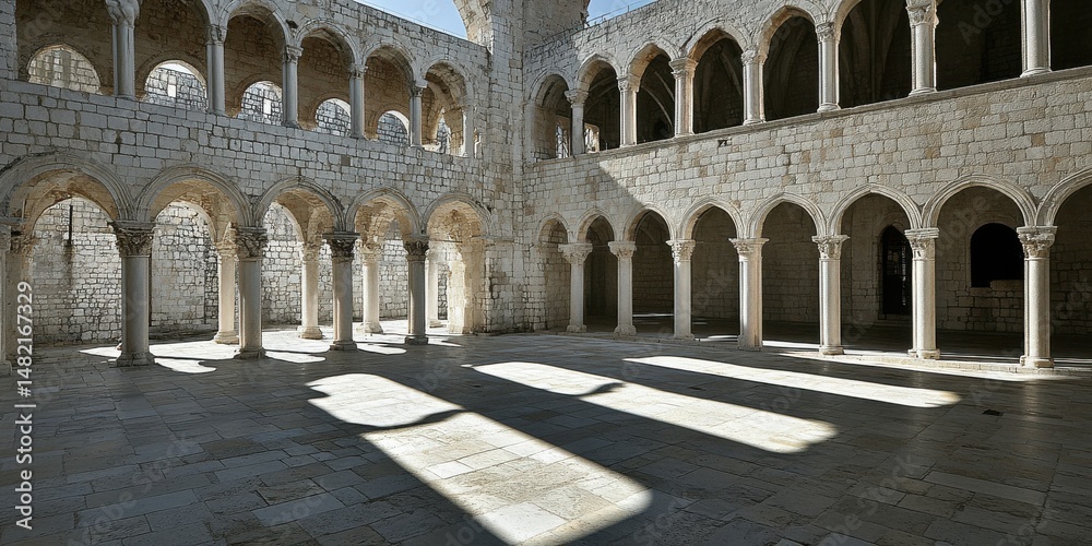 Naklejka premium Ancient Stone Monastery Courtyard Sunny Day Architecture Columns old old grey ruins light white
