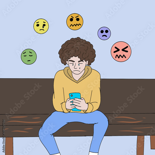 Sad teenager sitting on bench holding smartphone and crying, surrounded by emojis expressing different negative emotions