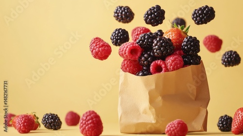 Fresh berries like blackberries, raspberries, and strawberries falling into a paper bag, realistic and bright on a light yellow background