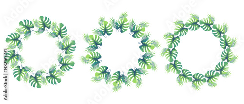 simple drawn tropical monstera leaves and palm branches round frames, big set of round frames with leaves for your postcard design, invitation…