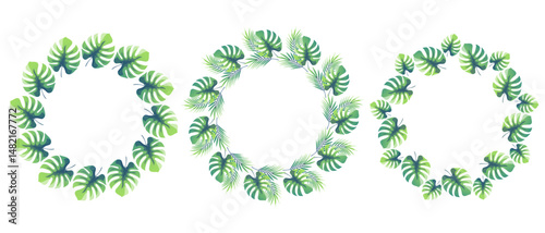 simple drawn tropical monstera leaves and palm branches round frames, big set of round frames with leaves for your postcard design, invitation…