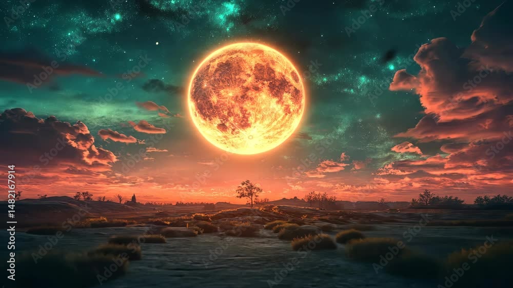 Enormous orange moon dominates a surreal, dusky landscape with a lone tree and starry sky Enormous orange moon dominates a surreal, dusky landscape with a lone tree and starry sky