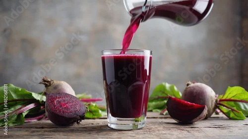Pouring beetroot juice from a jug into a glass with a slice of beetroot. 