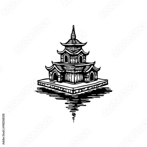 Monochrome architectural rendering of a pagoda structure with watery reflection