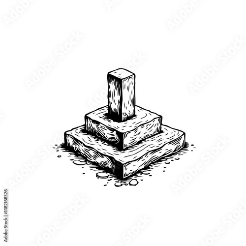 Stylized architectural depiction featuring stacked geometric forms with unique texture