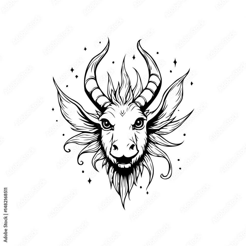 Fototapeta premium Mystical horned creature illustration radiating ethereal energy in monochrome