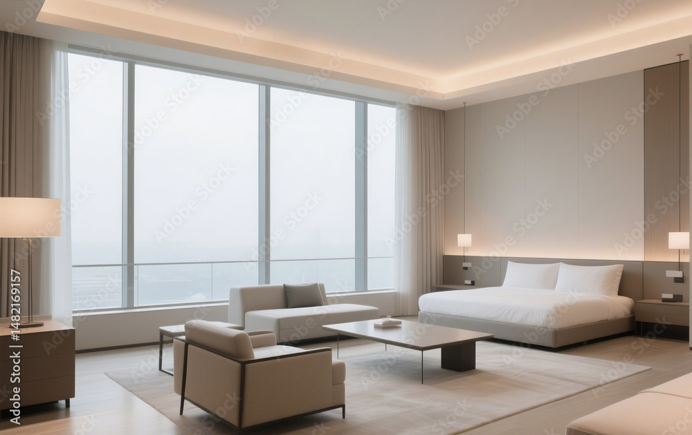 Fototapeta premium Modern hotel interior with large windows, and soft lighting.