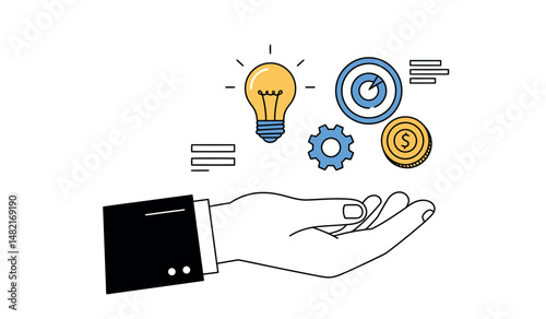 Business innovation and strategy concept with hand holding ideas and cogs