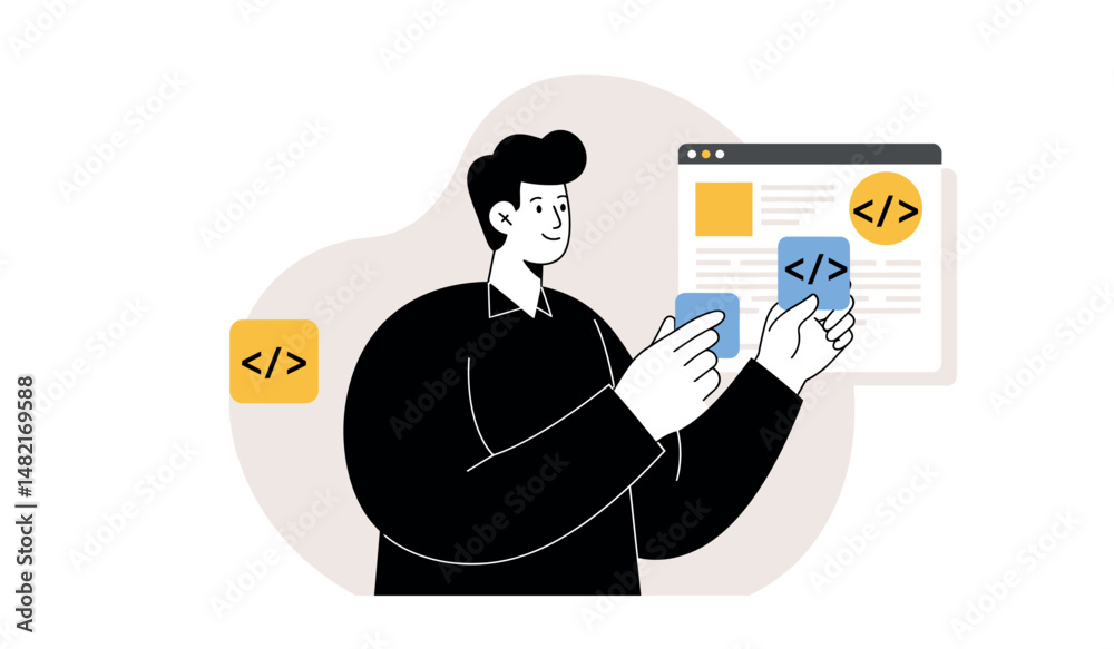 Developer working on responsive web design and coding with html and css elements