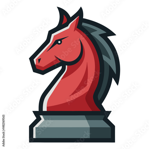 a stylized red chess knight piece (horse) with a sleek, modern design.