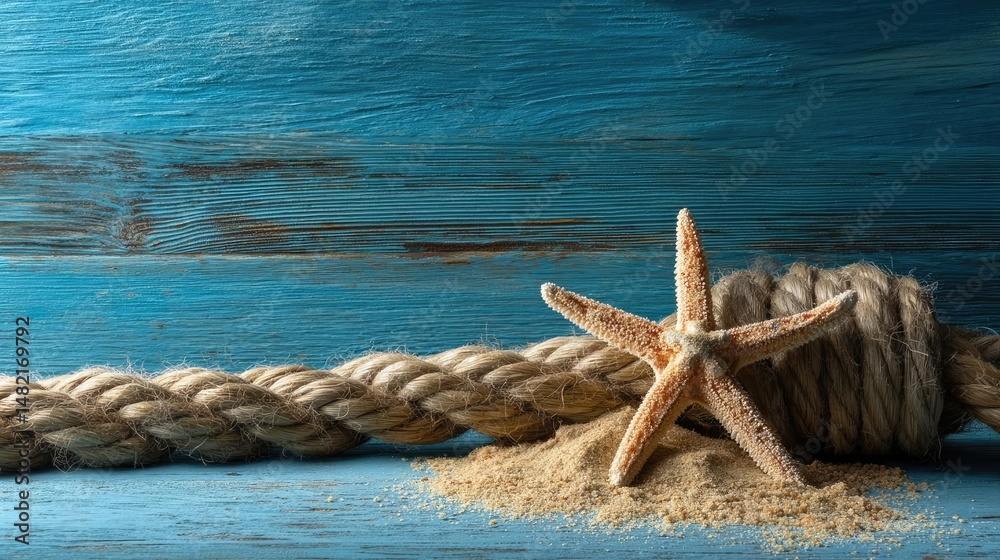 Fototapeta premium Beach scene on blue wooden with vintage background and starfish concept. A starfish atop sandy beach with coiled rope and blue background.