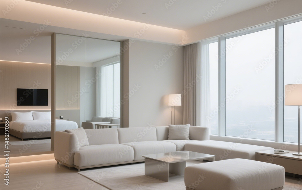Fototapeta premium Modern hotel interior with large windows, and soft lighting.