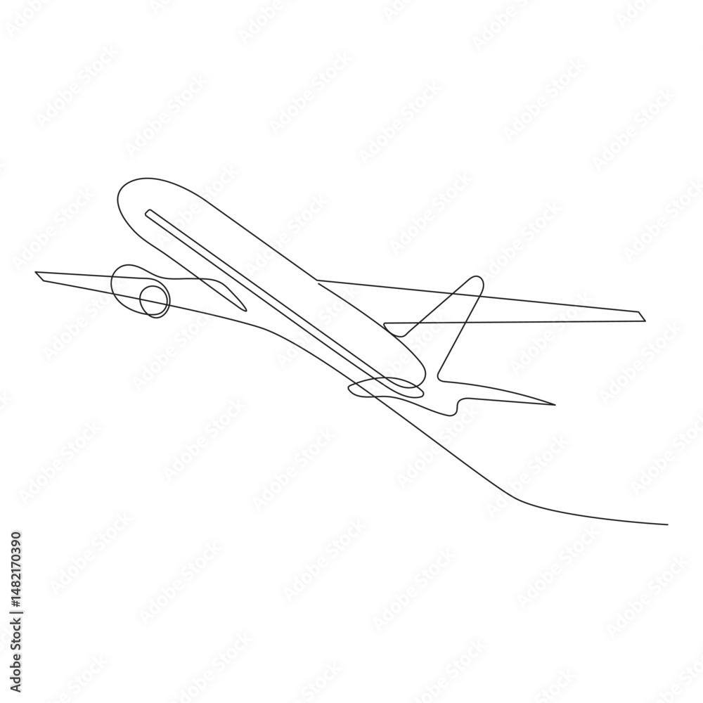 Fototapeta premium Continuous single line of Airplane path with flight route and starting point location.