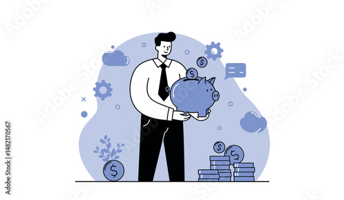Financial savings concept with businessman holding piggy bank for investment and wealth management design