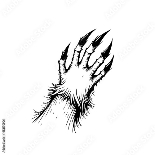 Detailed illustration of a hairy claw with sharp talons on white background