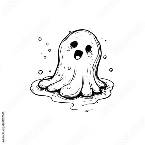 Whimsical Halloween Illustration: Cute Ghost Character in Spooky Setting